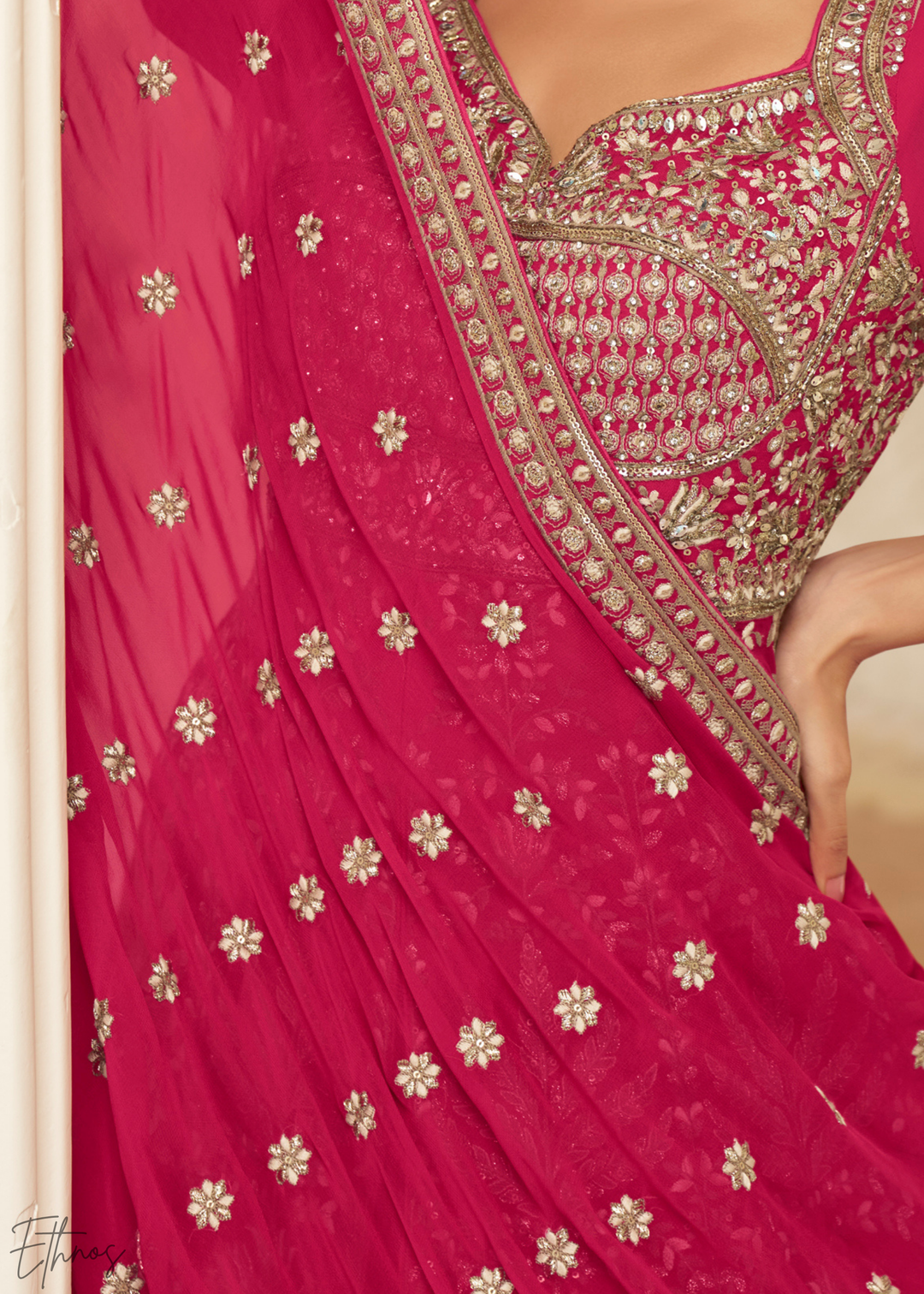 Enchanted Peony Lattice-Embroidered Georgette Anarkali Skirt Set