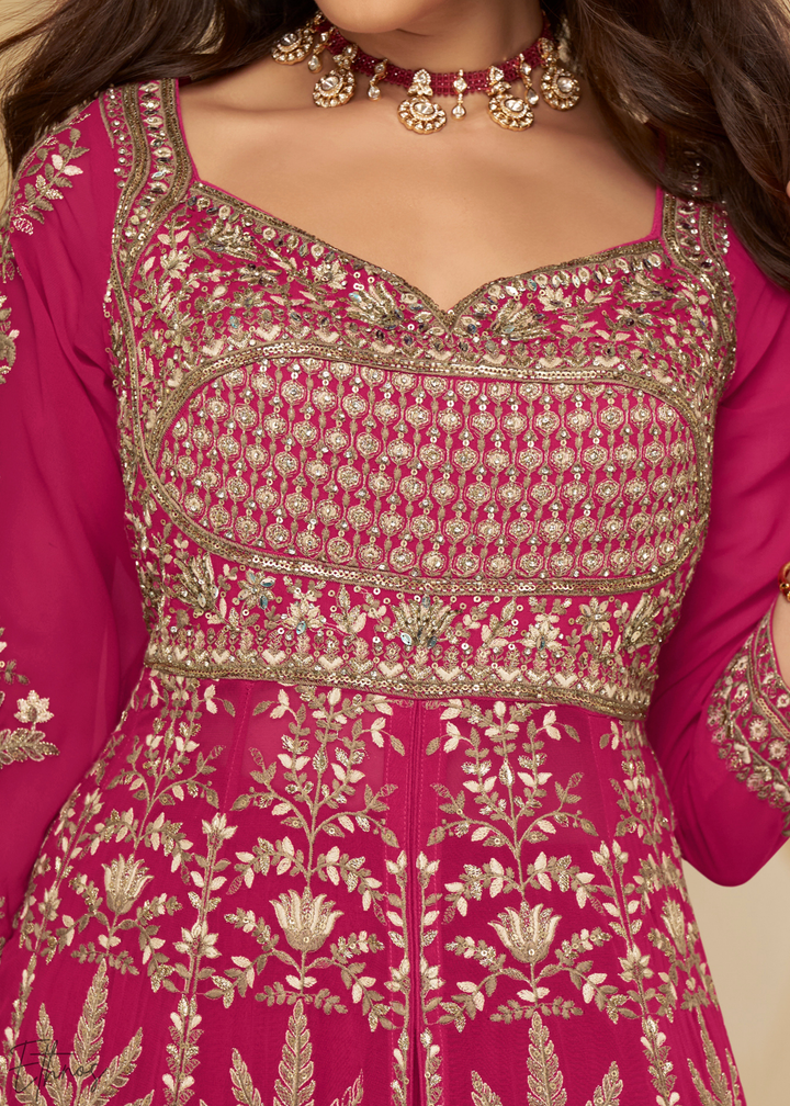 Enchanted Peony Lattice-Embroidered Georgette Anarkali Skirt Set