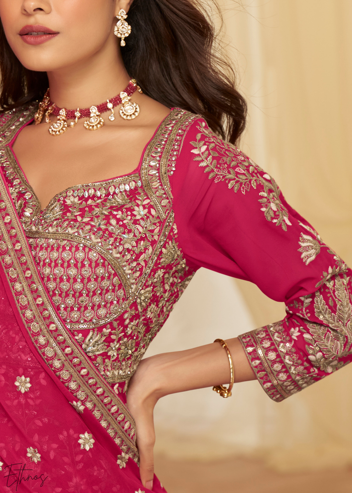 Enchanted Peony Lattice-Embroidered Georgette Anarkali Skirt Set