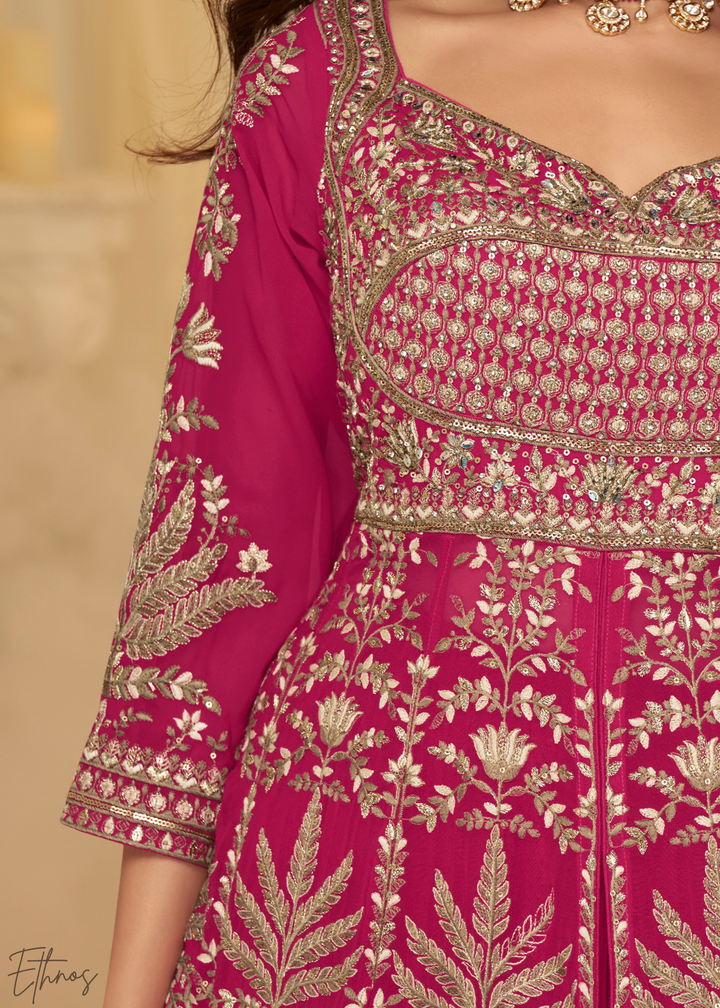Enchanted Peony Lattice-Embroidered Georgette Anarkali Skirt Set