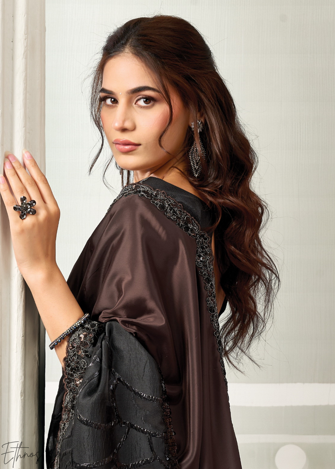 Espresso Brown Lace Detail Crepe Satin Silk Saree