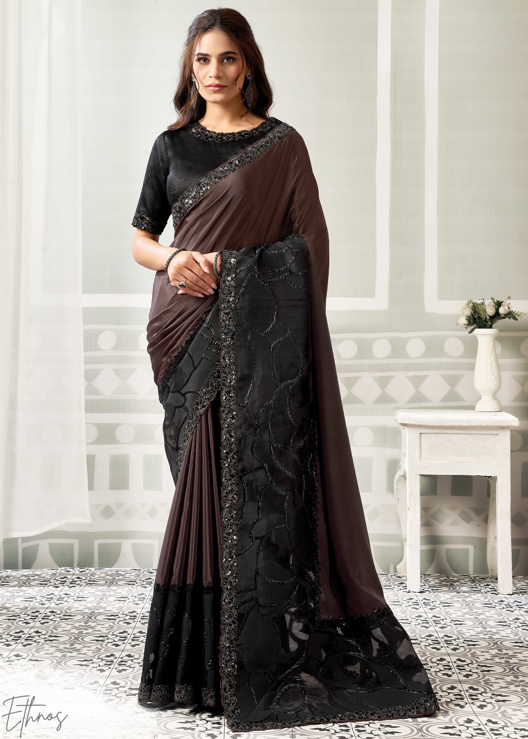 Espresso Brown Lace Detail Crepe Satin Silk Saree