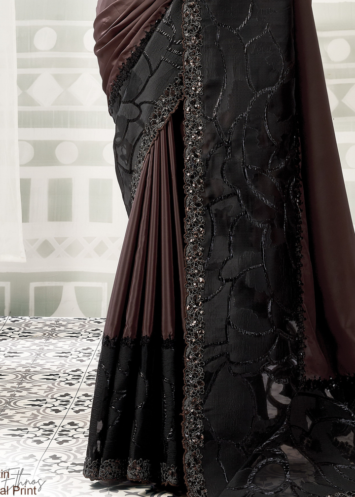 Espresso Brown Lace Detail Crepe Satin Silk Saree