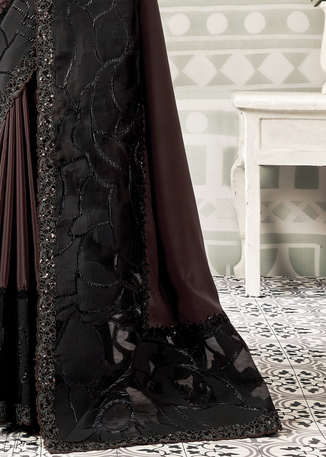 Espresso Brown Lace Detail Crepe Satin Silk Saree