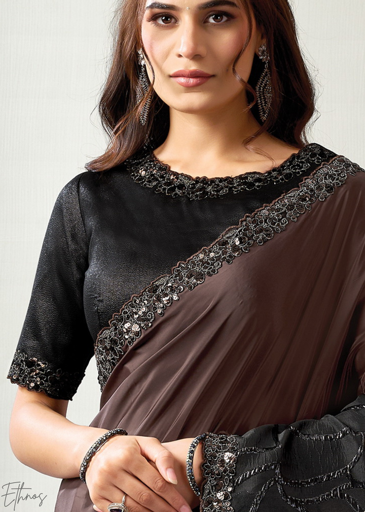 Espresso Brown Lace Detail Crepe Satin Silk Saree