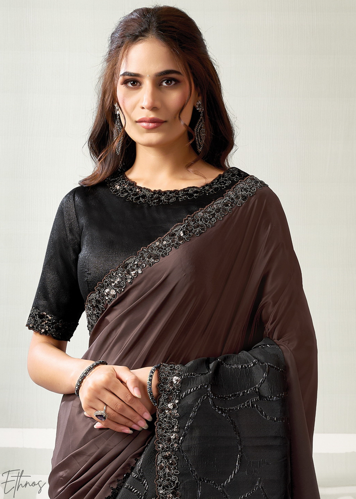 Espresso Brown Lace Detail Crepe Satin Silk Saree