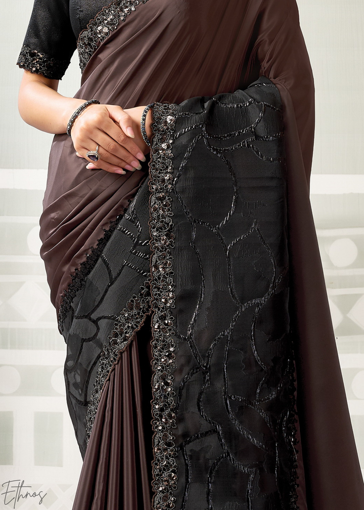 Espresso Brown Lace Detail Crepe Satin Silk Saree