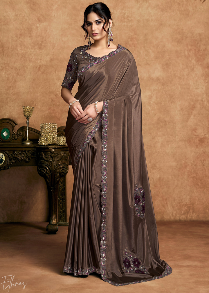 Espresso Brown Sequin Embroidered Satin Silk Saree