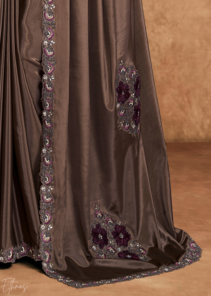 Espresso Brown Sequin Embroidered Satin Silk Saree