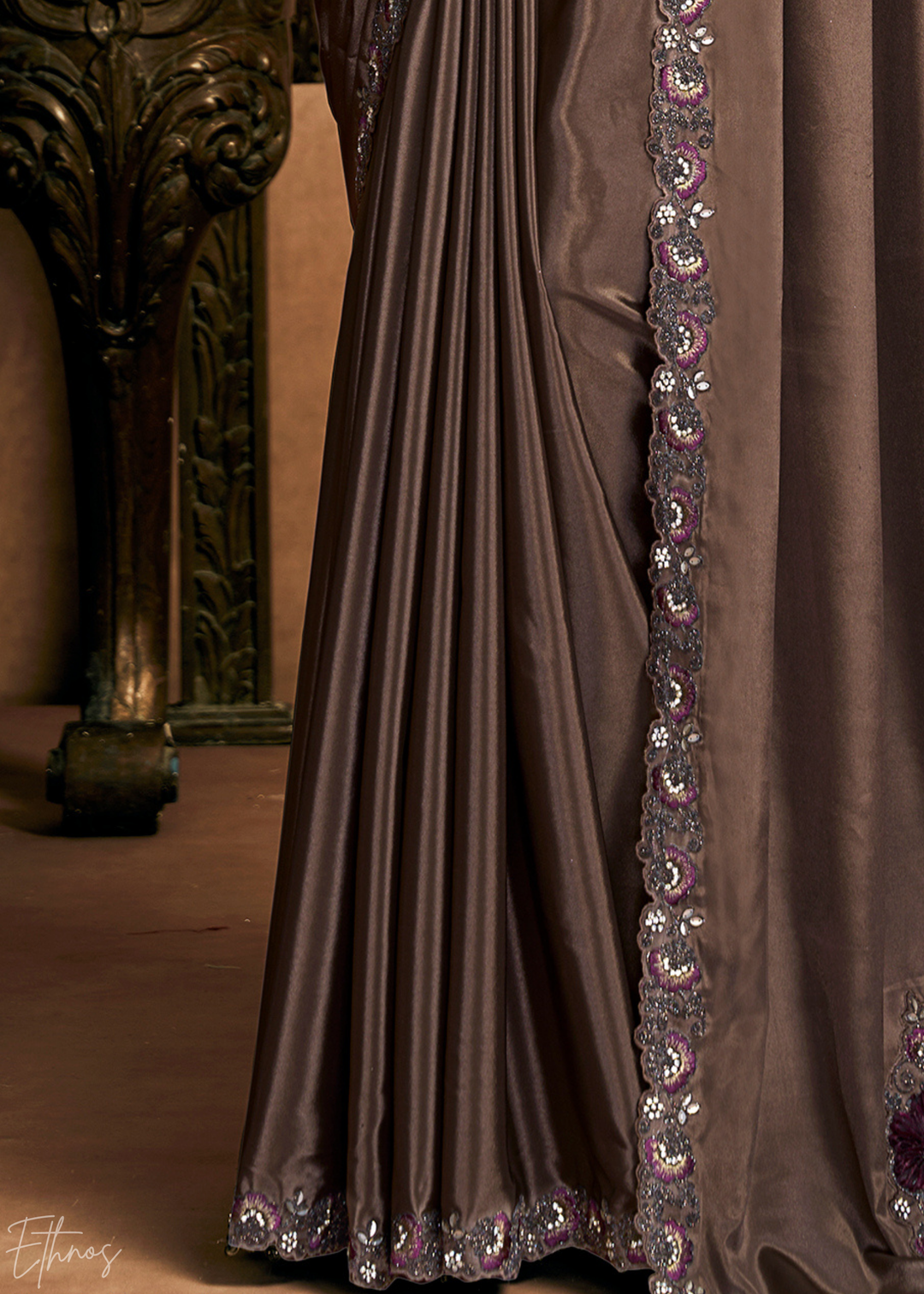 Espresso Brown Sequin Embroidered Satin Silk Saree