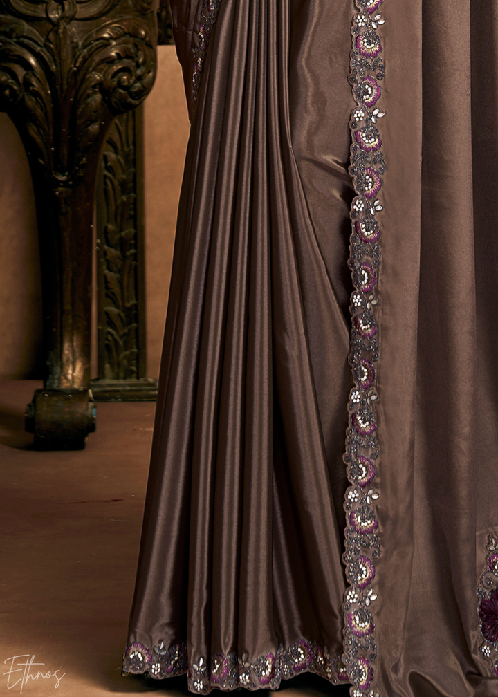 Espresso Brown Sequin Embroidered Satin Silk Saree