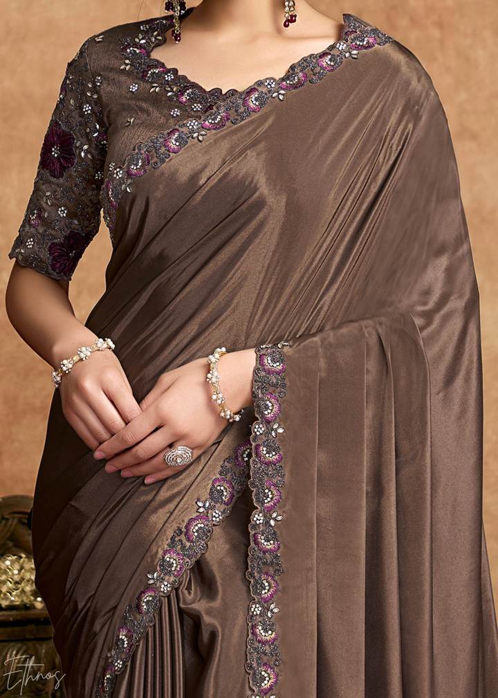 Espresso Brown Sequin Embroidered Satin Silk Saree