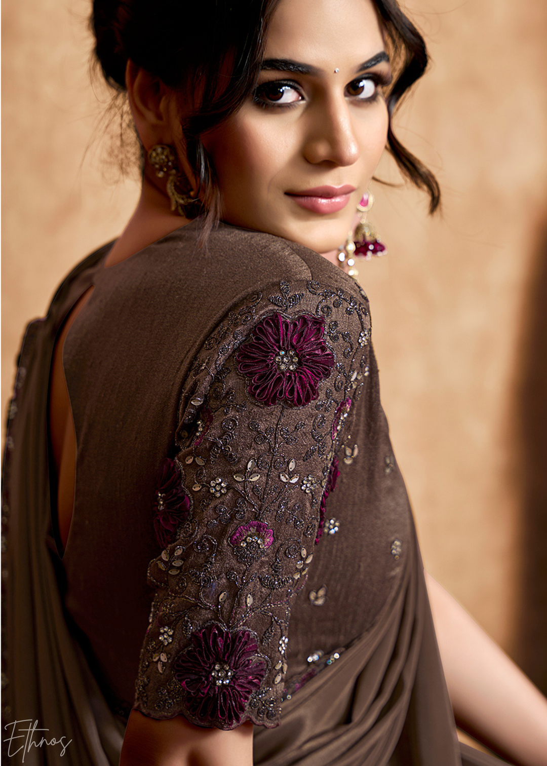 Espresso Brown Sequin Embroidered Satin Silk Saree