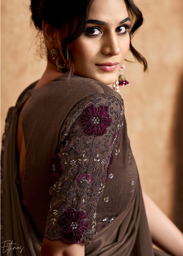 Espresso Brown Sequin Embroidered Satin Silk Saree