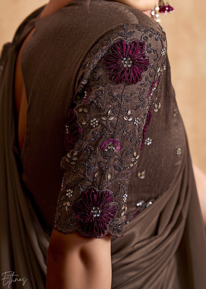 Espresso Brown Sequin Embroidered Satin Silk Saree