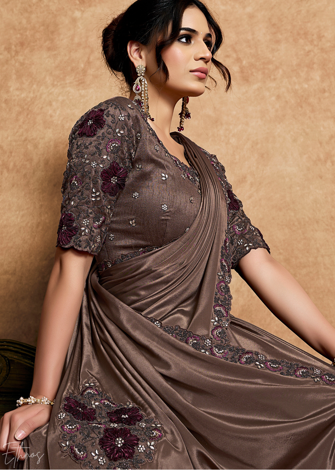 Espresso Brown Sequin Embroidered Satin Silk Saree