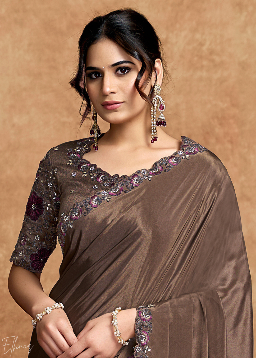 Espresso Brown Sequin Embroidered Satin Silk Saree