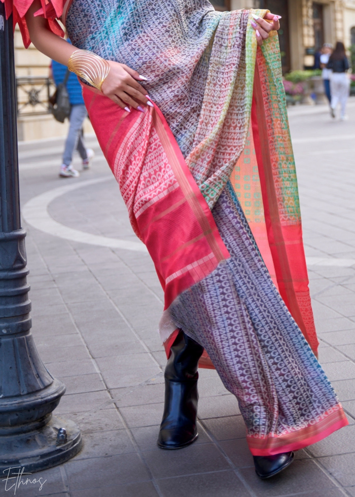 Pink & Blue Printed Viscose Saree