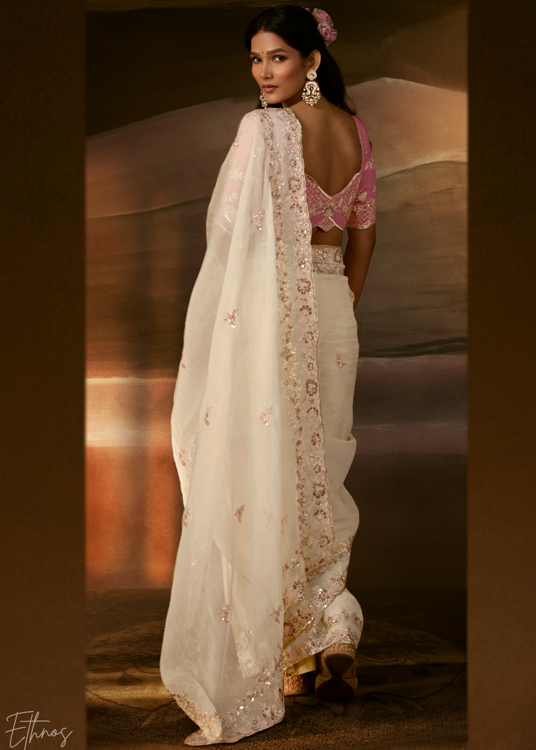 Ivory Cream Cutwork Scallop Border Organza Saree