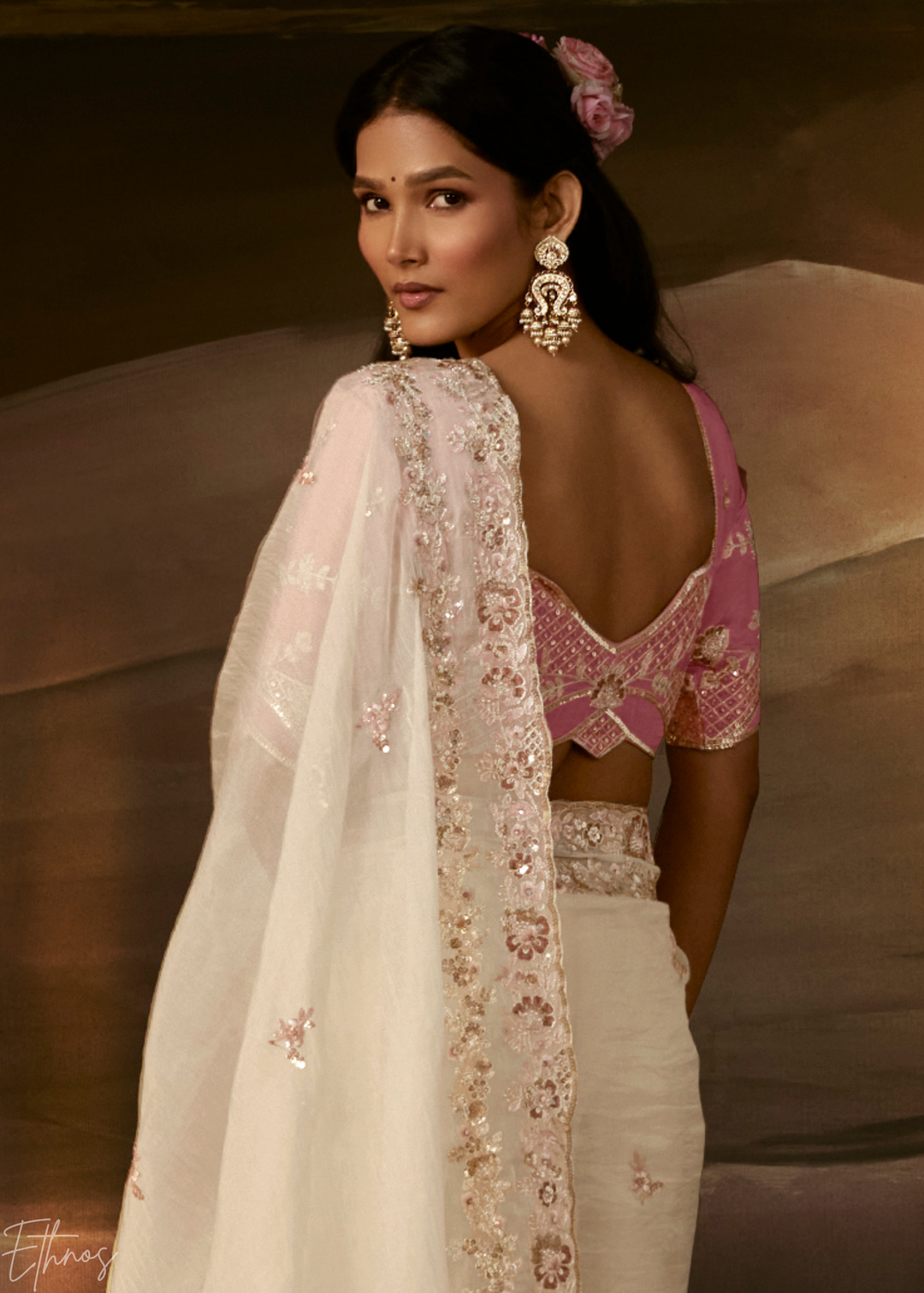 Ivory Cream Cutwork Scallop Border Organza Saree