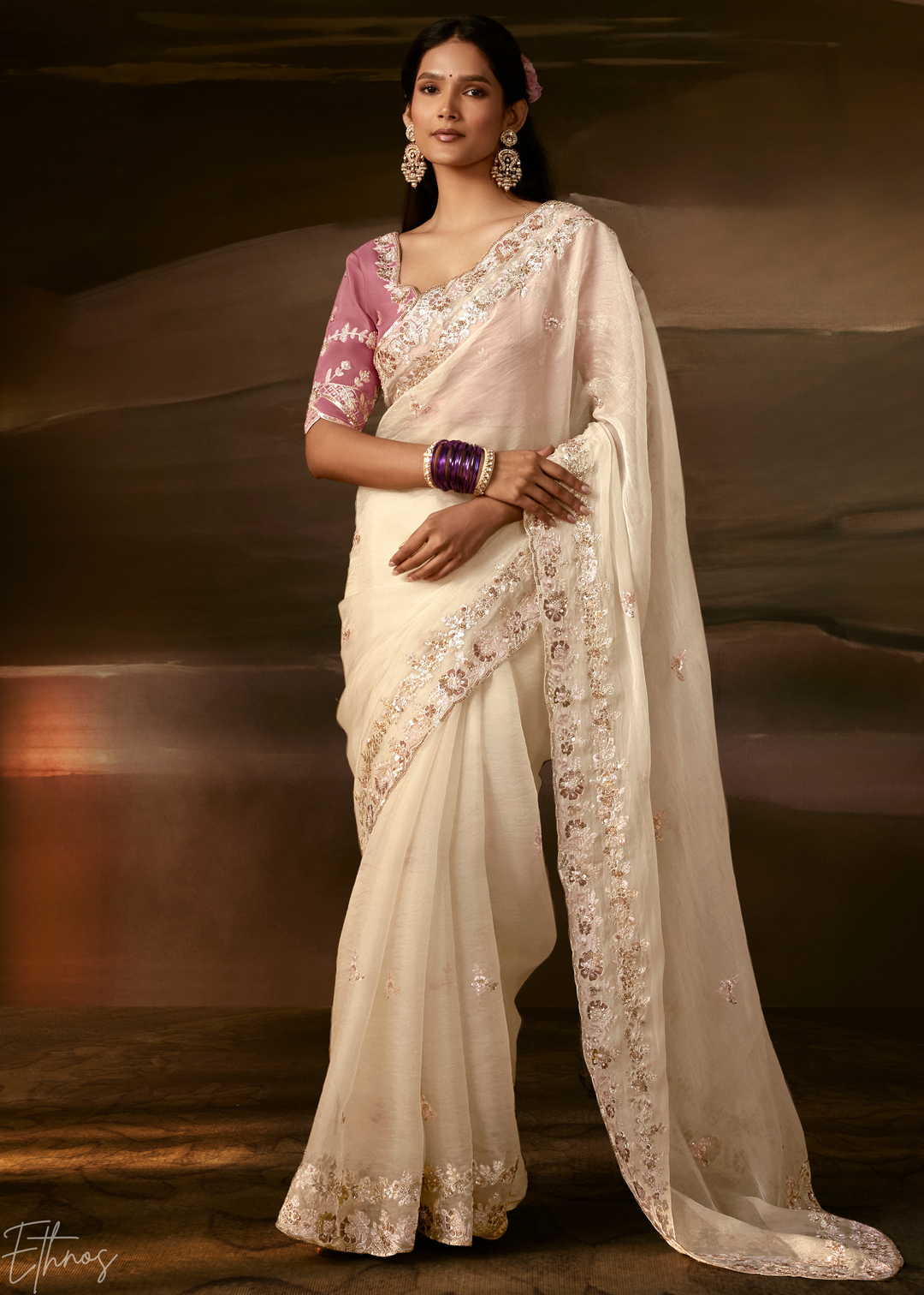 Ivory Cream Cutwork Scallop Border Organza Saree