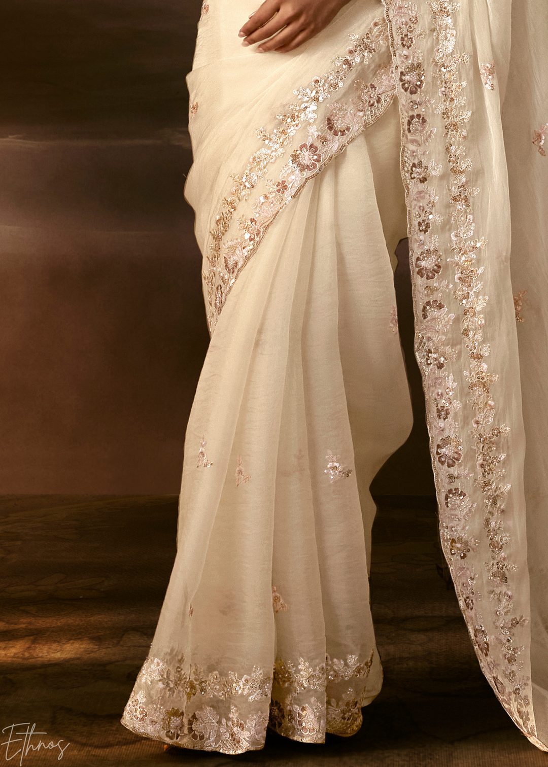 Ivory Cream Cutwork Scallop Border Organza Saree