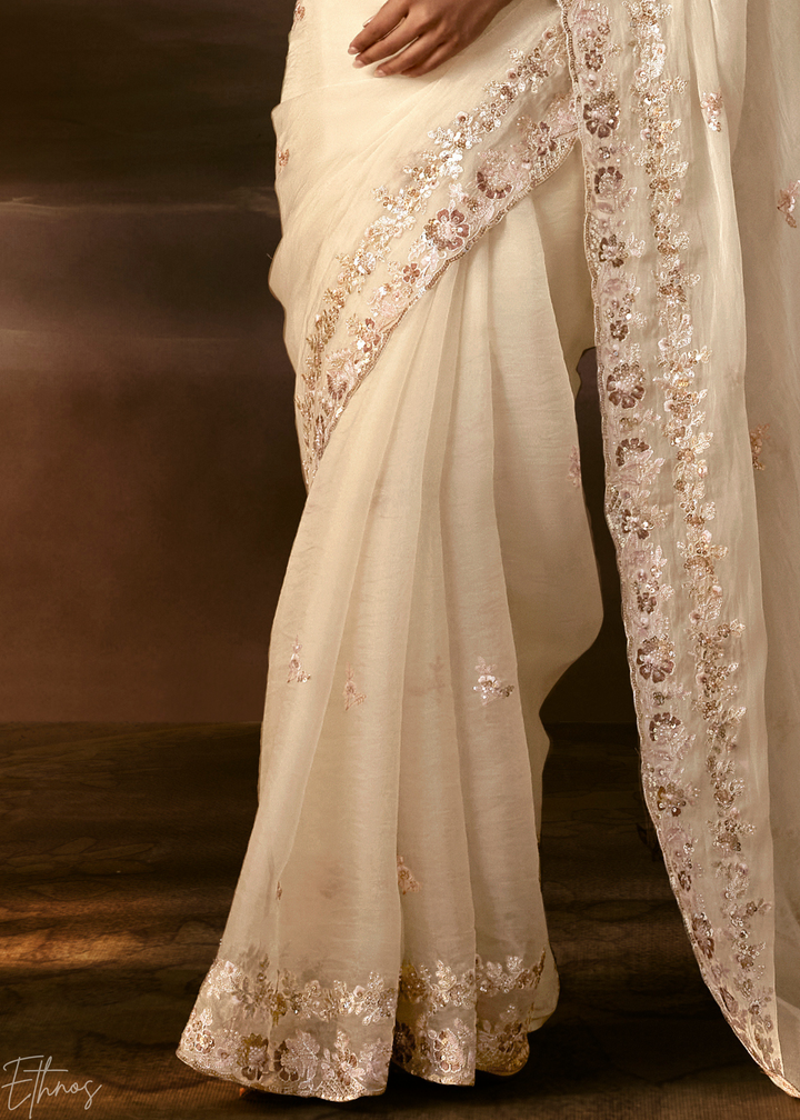 Ivory Cream Cutwork Scallop Border Organza Saree