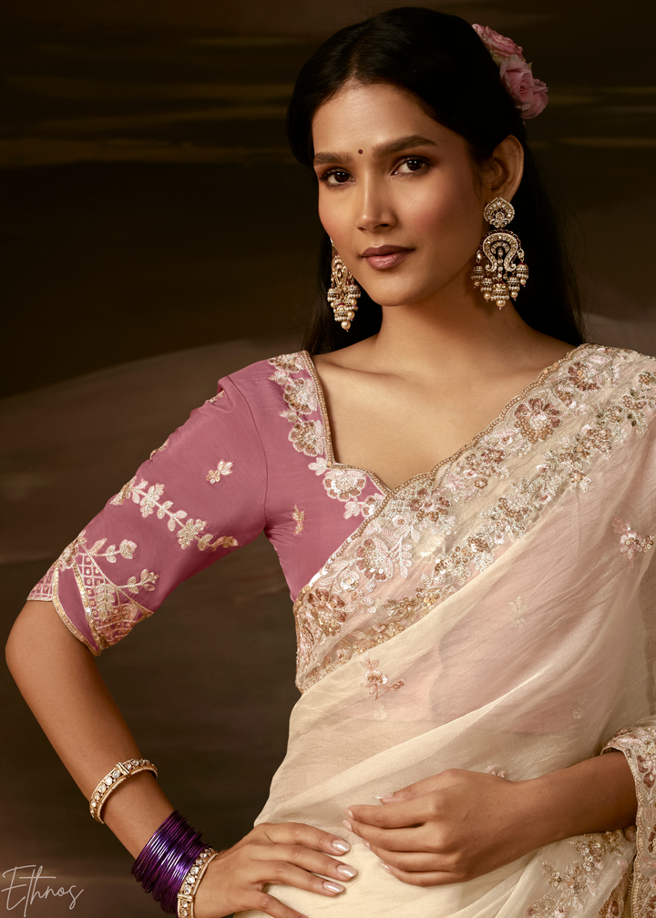 Ivory Cream Cutwork Scallop Border Organza Saree