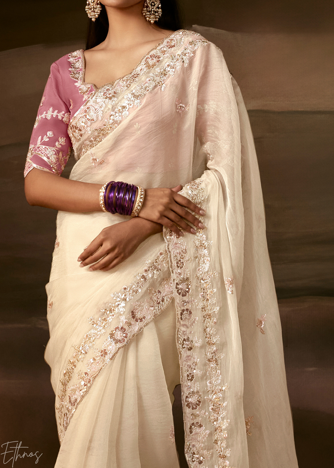 Ivory Cream Cutwork Scallop Border Organza Saree