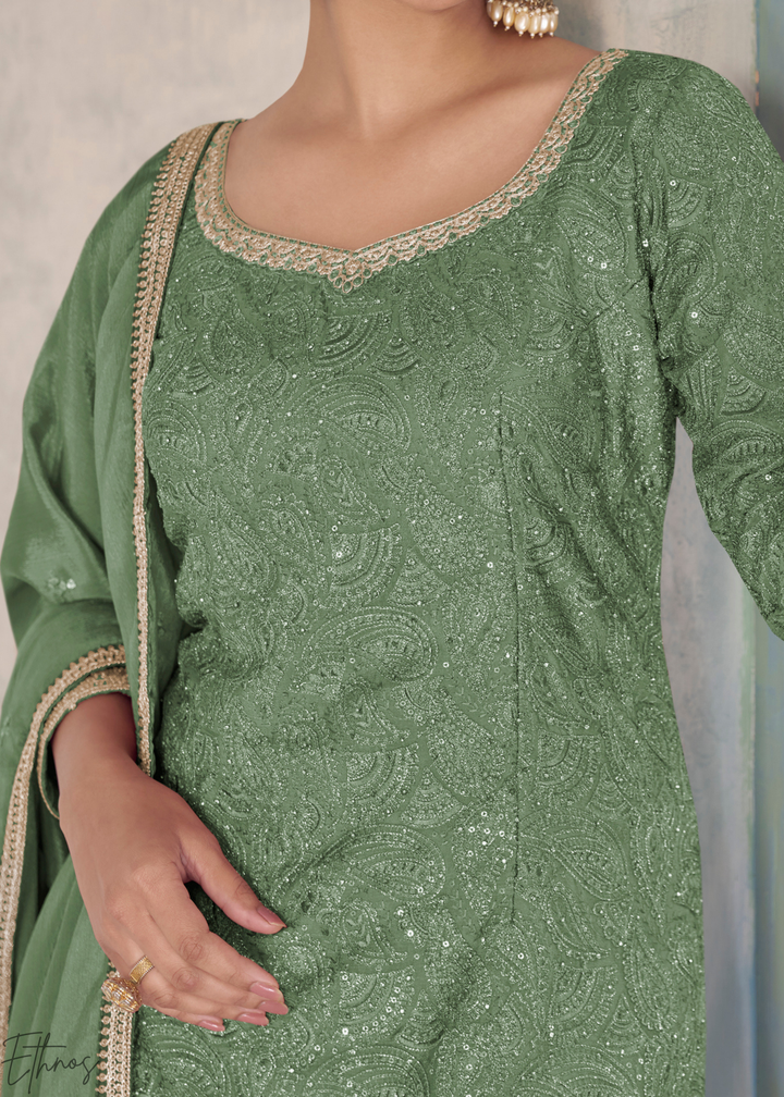 Fern Green Zari-Encrusted Chinon Sharara Suit
