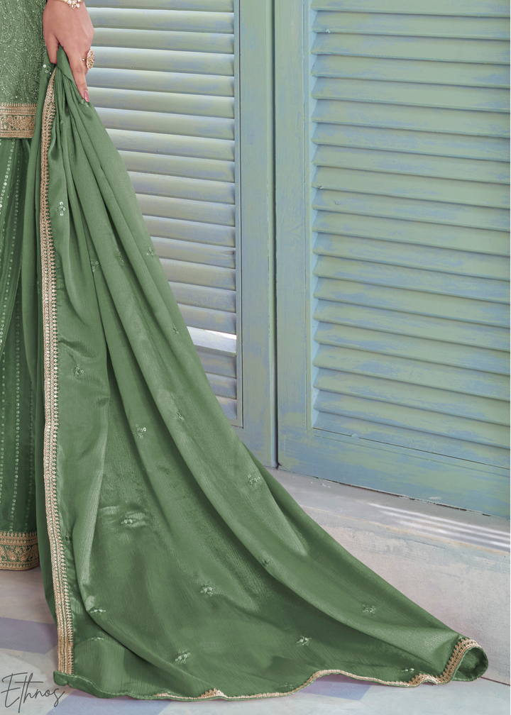 Fern Green Zari-Encrusted Chinon Sharara Suit
