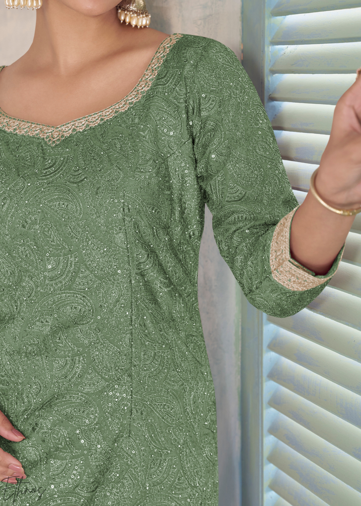 Fern Green Zari-Encrusted Chinon Sharara Suit