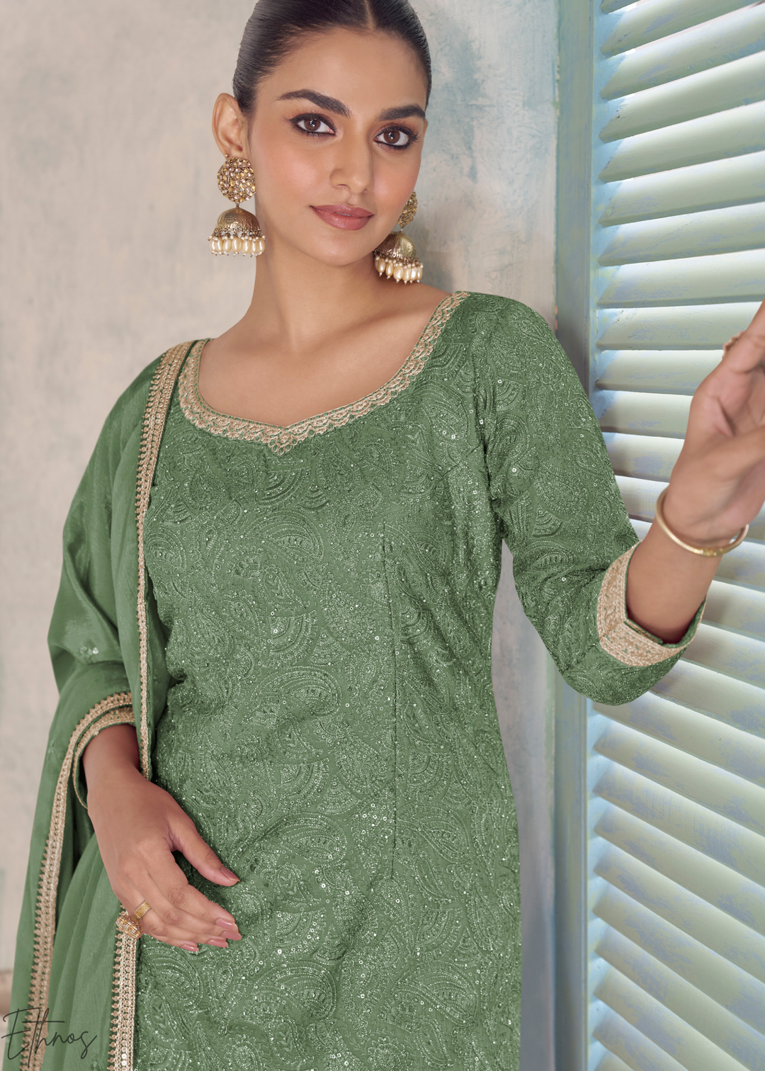 Fern Green Zari-Encrusted Chinon Sharara Suit