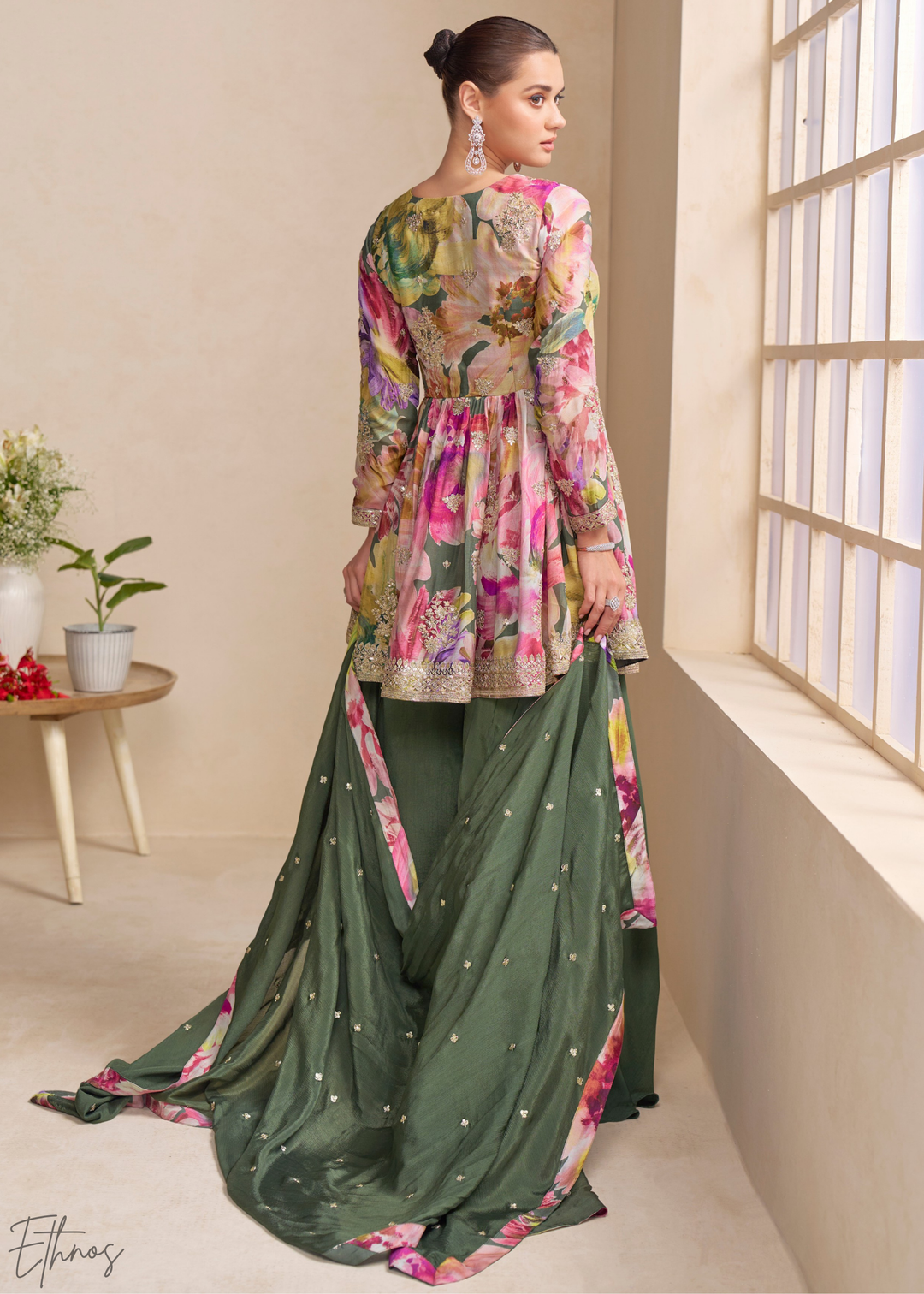 Forest Green Floral Chinon Peplum Sharara Suit