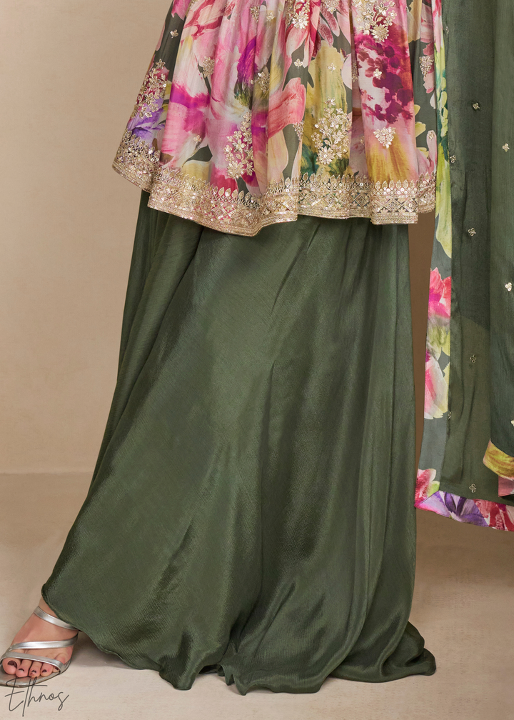 Forest Green Floral Chinon Peplum Sharara Suit