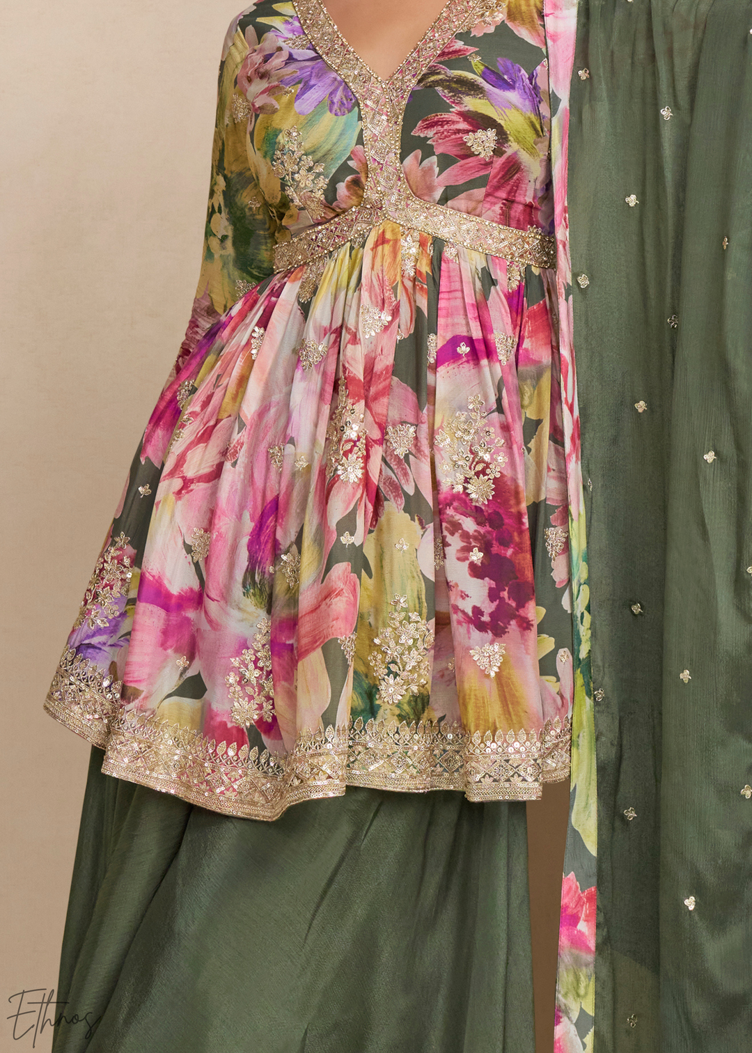 Forest Green Floral Chinon Peplum Sharara Suit