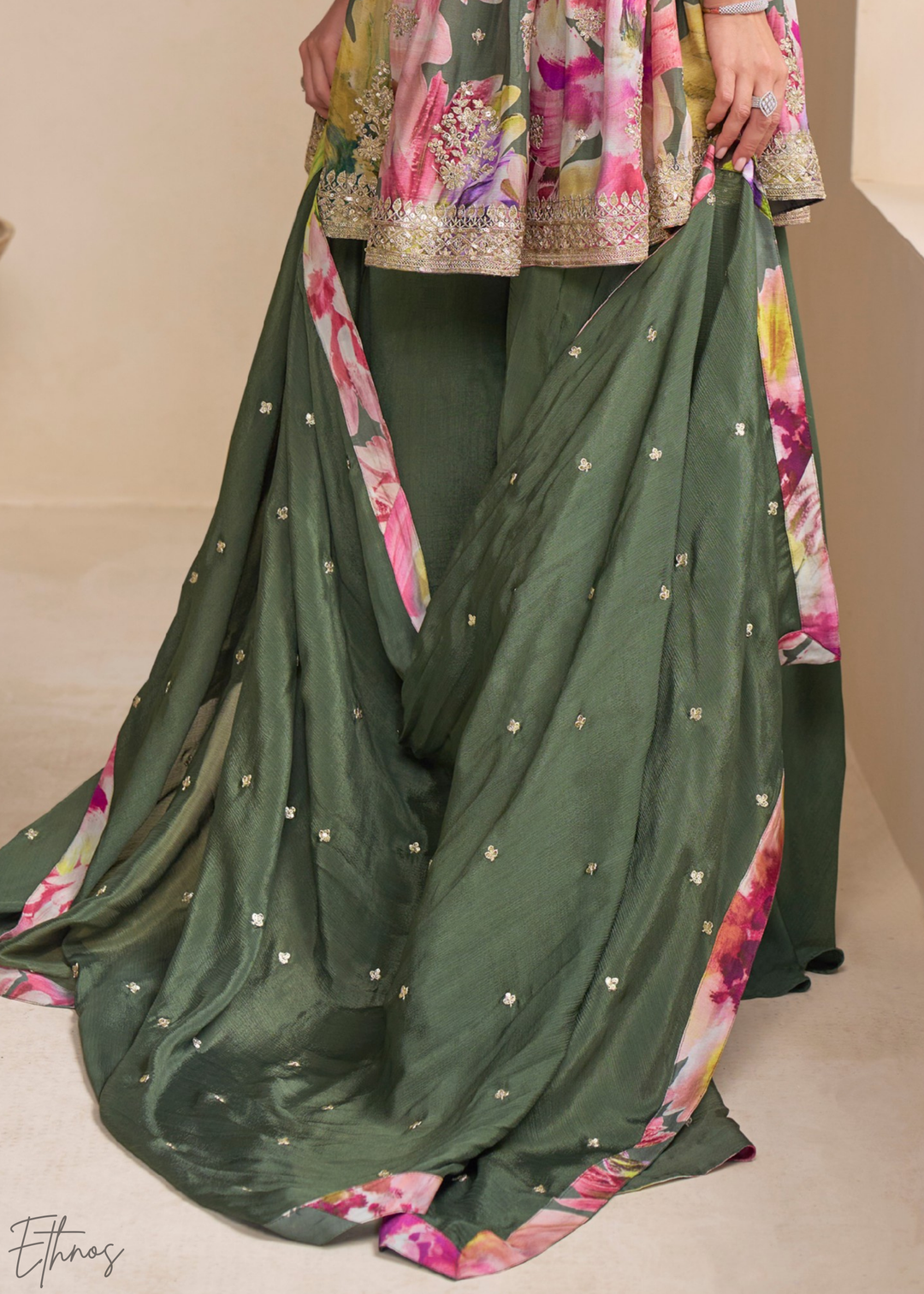 Forest Green Floral Chinon Peplum Sharara Suit