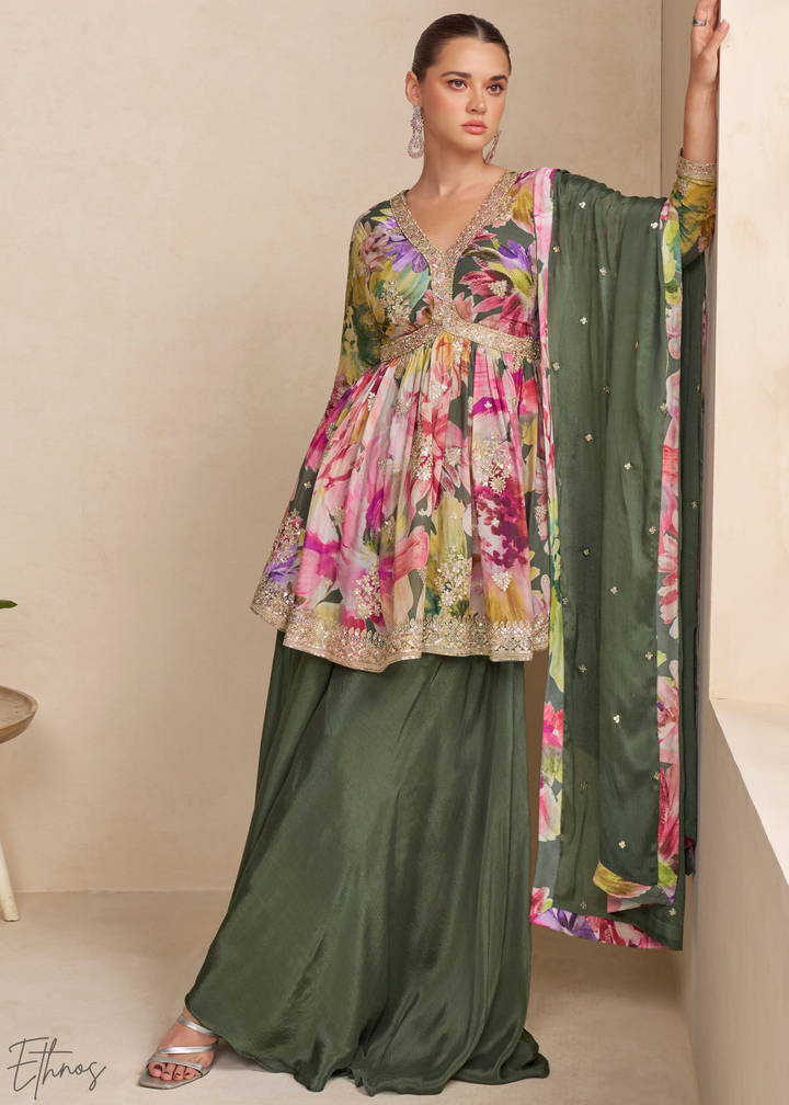 Forest Green Floral Chinon Peplum Sharara Suit