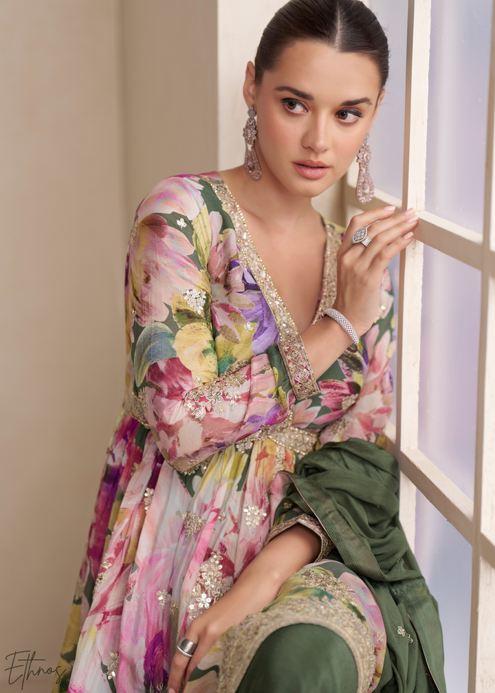 Forest Green Floral Chinon Peplum Sharara Suit