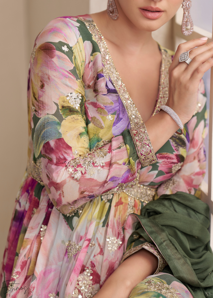 Forest Green Floral Chinon Peplum Sharara Suit