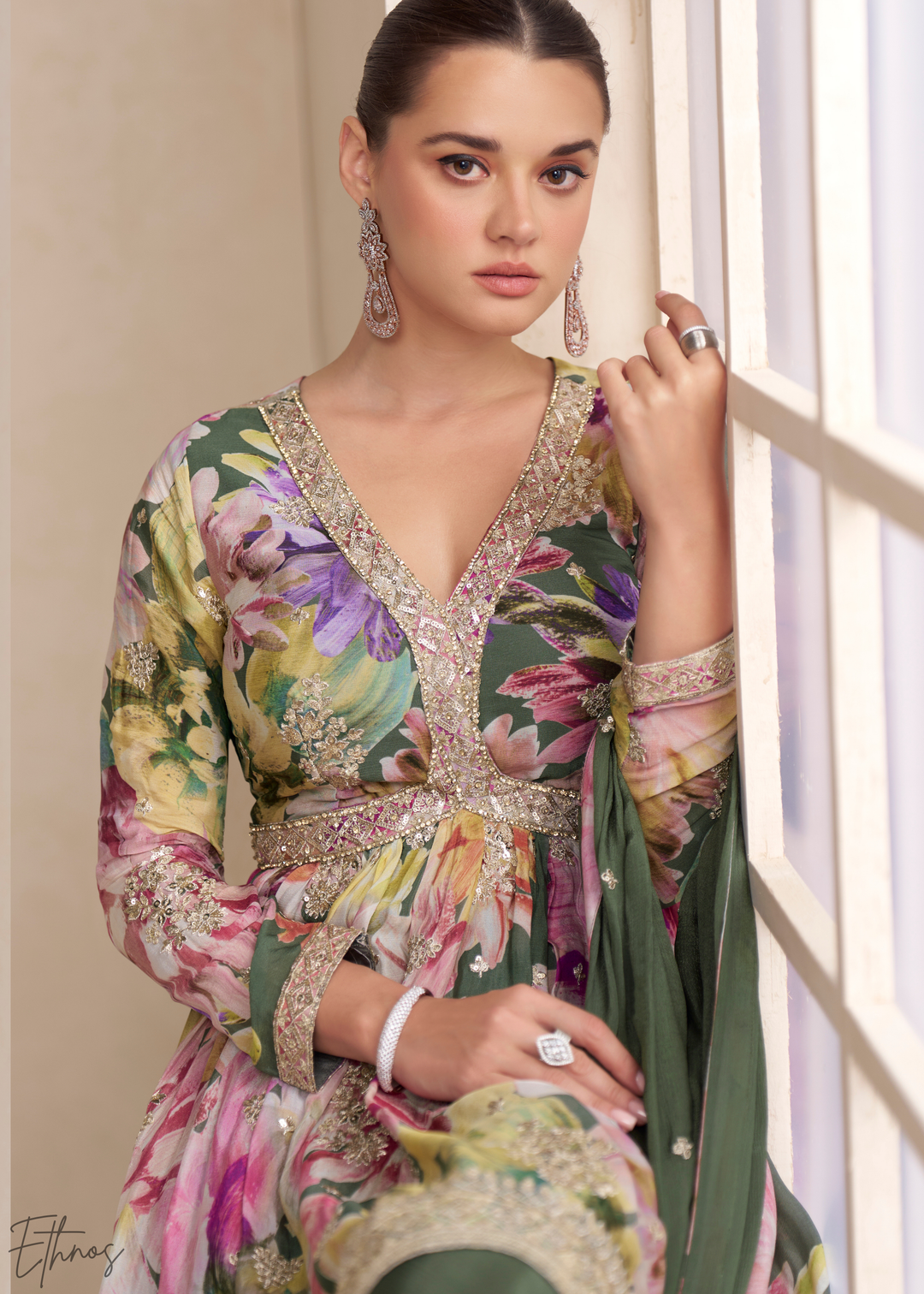 Forest Green Floral Chinon Peplum Sharara Suit