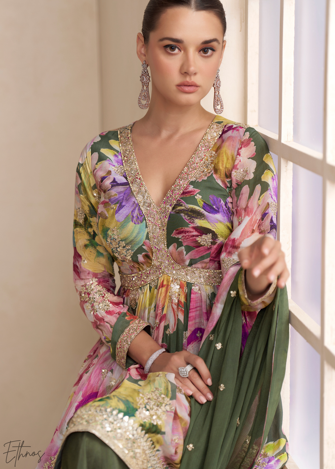 Forest Green Floral Chinon Peplum Sharara Suit