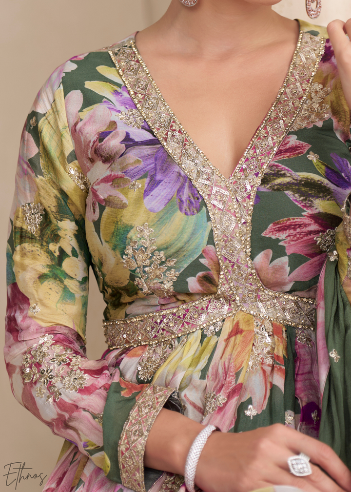 Forest Green Floral Chinon Peplum Sharara Suit