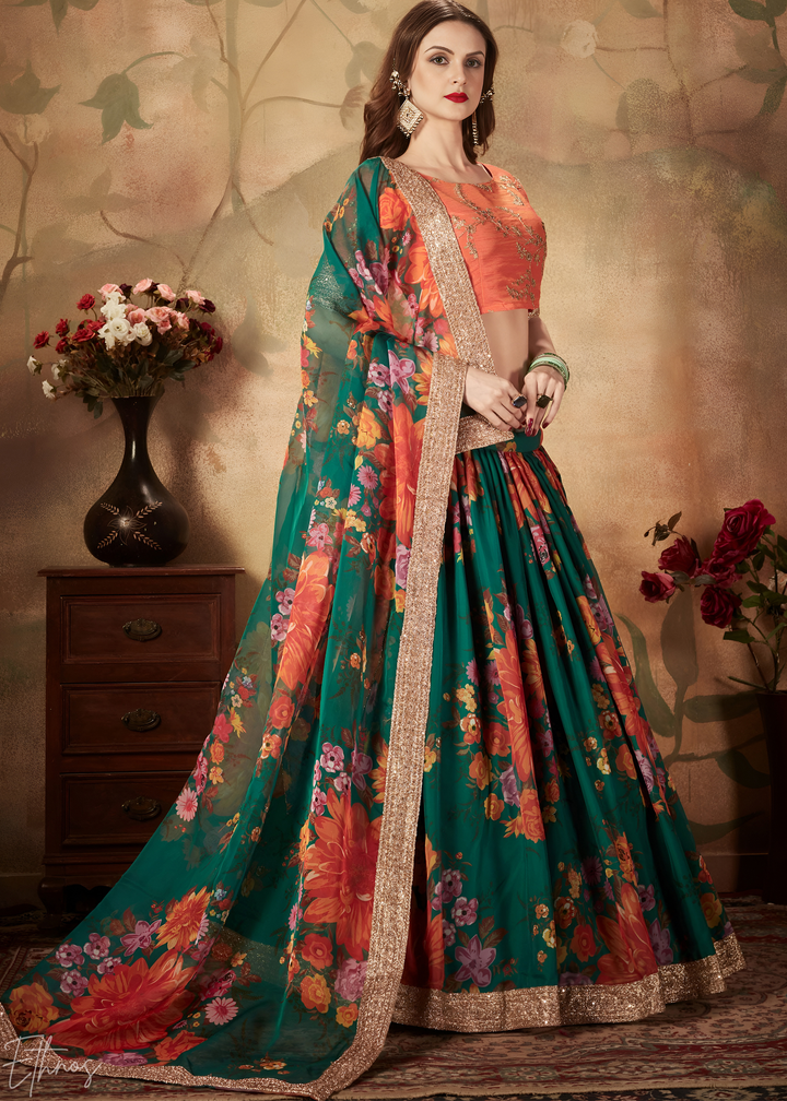 Forest Green Garden Floral Printed Organza Lehenga