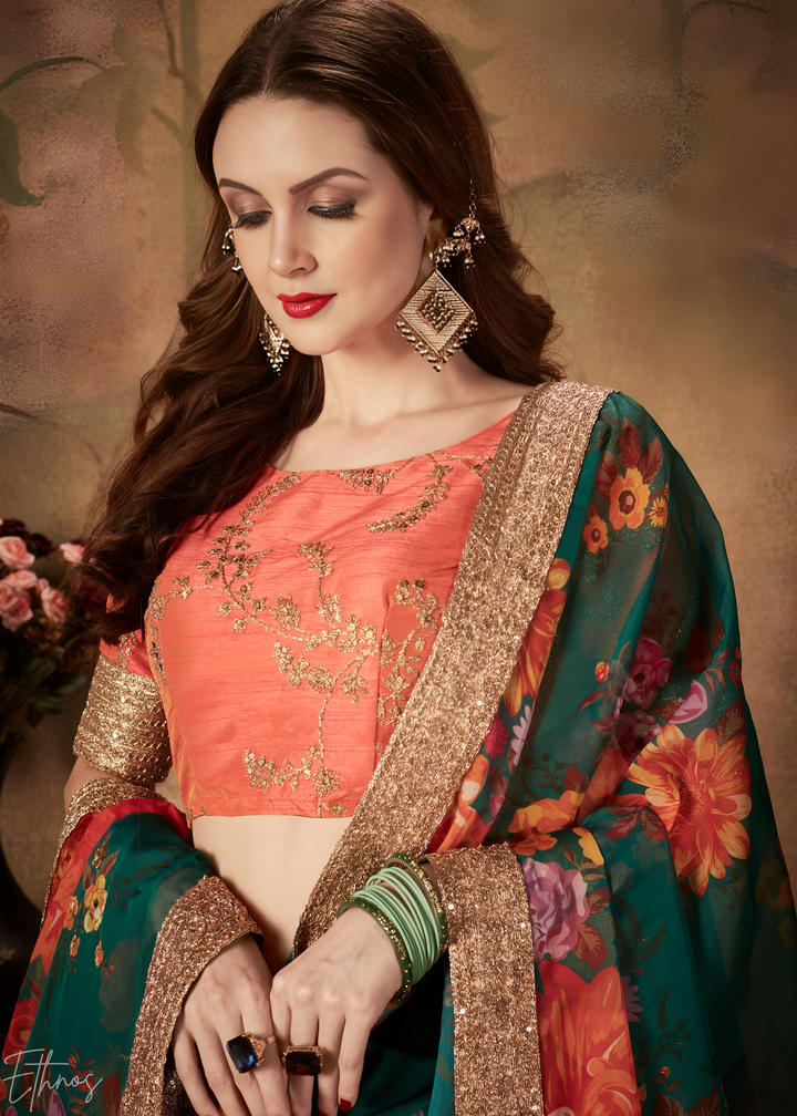 Forest Green Garden Floral Printed Organza Lehenga