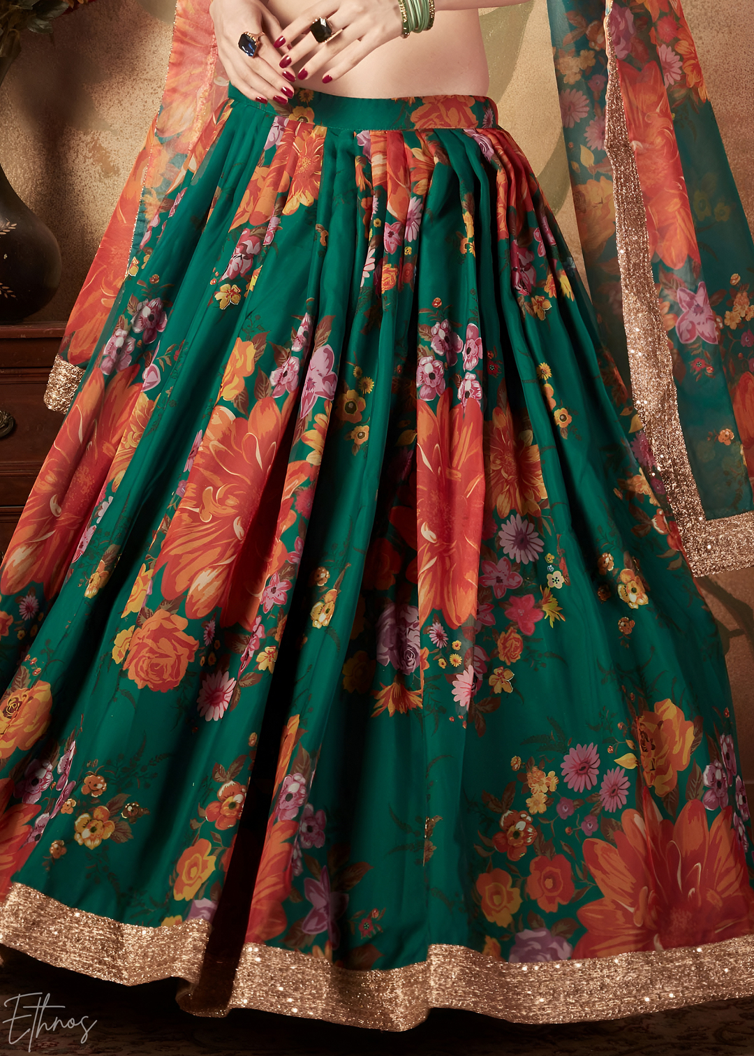 Forest Green Garden Floral Printed Organza Lehenga
