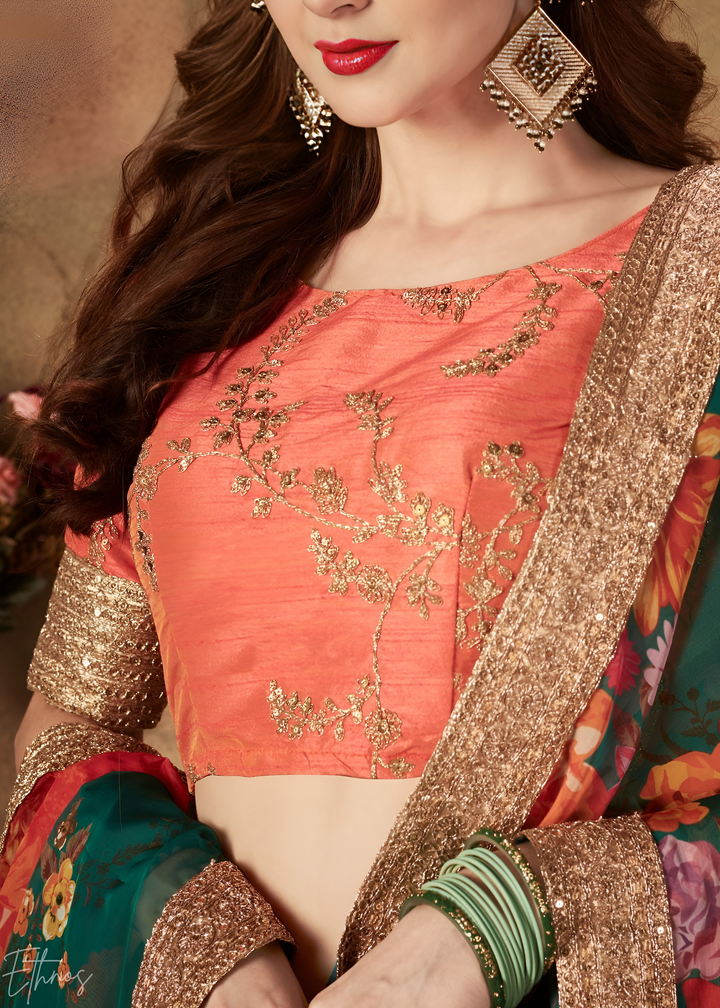 Forest Green Garden Floral Printed Organza Lehenga