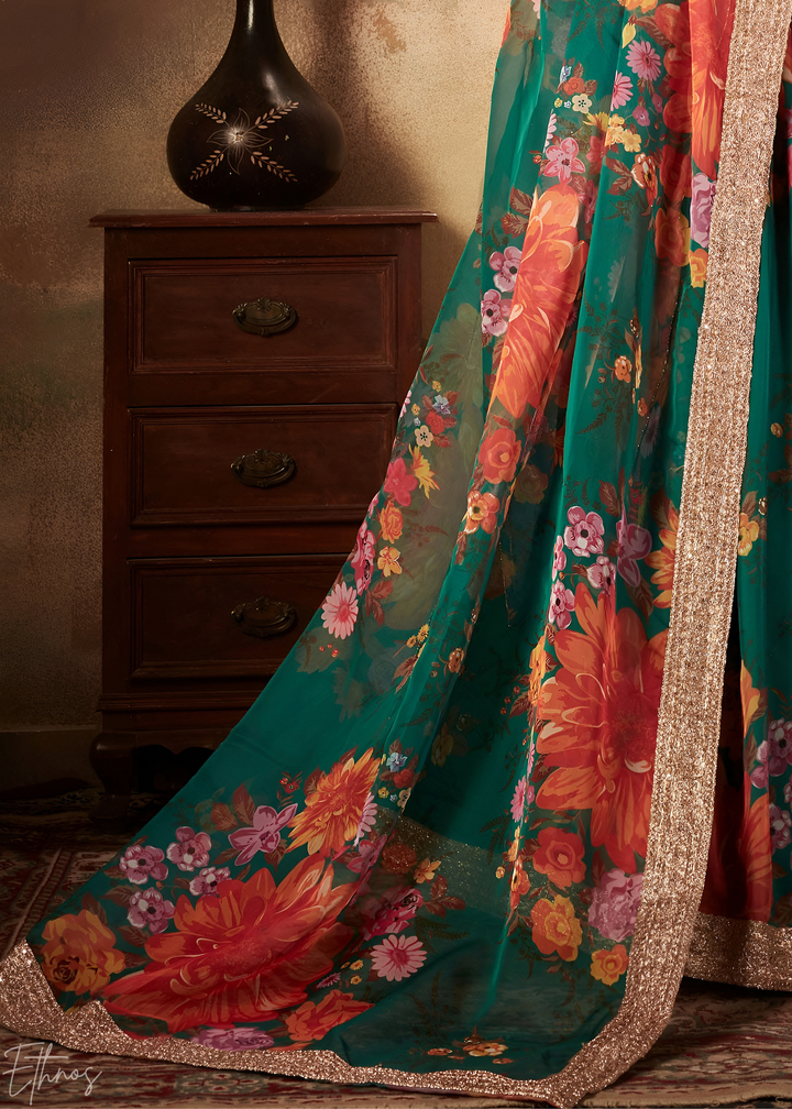 Forest Green Garden Floral Printed Organza Lehenga