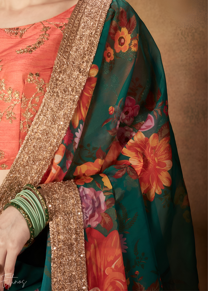 Forest Green Garden Floral Printed Organza Lehenga