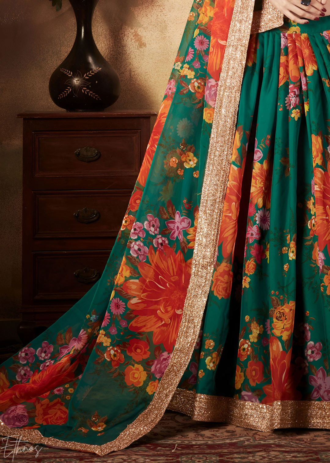 Forest Green Garden Floral Printed Organza Lehenga